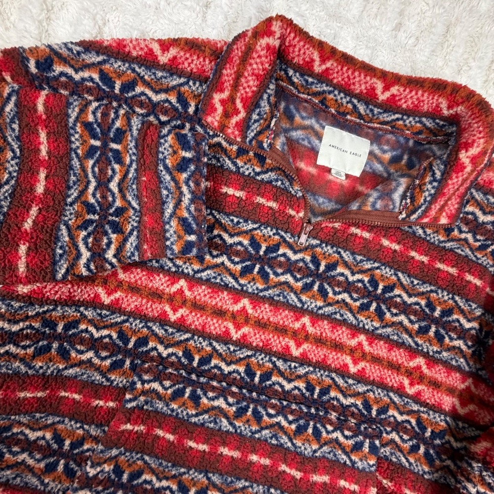 American Eagle Red Fair Isle Quarter Zip Sherpa Fleece Pullover Women Large